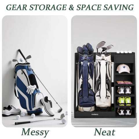 Comparison of messy vs neat gear storage with Birch Plywood Golf Bag Storage For Two Bags With 36Lb Rock Solid Organizer And 7 Shelf.