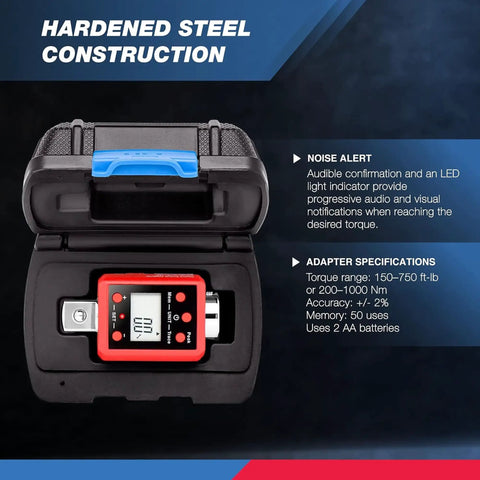Three Quarter Inch Digital Torque Adapter Turns Any Ratchet Into A Pro Grade Torque Wrench With Audible Alert, 150 To 750 Foot Pounds Range, Calibrates Digital And Analog Wrenches, SAE And Metric, Bi Directional