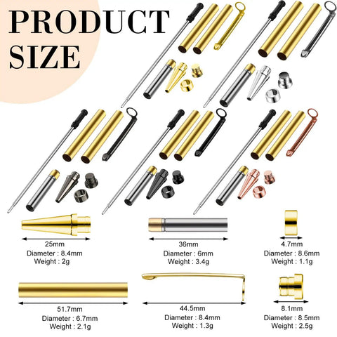 Components of 20 Piece 7mm Slimline Pen Kit With Refills for Wood Turning Lathe Projects in Assorted Colors DIY Copper Craft