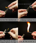 Steps to use Permanent Match Flint Fire Starter Keychain Set for Outdoor Survival, showing unscrewing, refueling, dipping, and lighting.