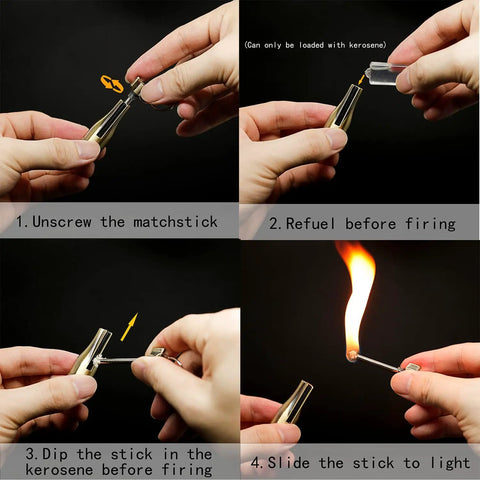Steps to use Permanent Match Flint Fire Starter Keychain Set for Outdoor Survival, showing unscrewing, refueling, dipping, and lighting.