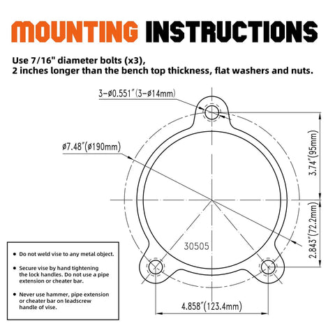 Mounting instructions for 5 Inch Ductile Iron Bench Vise With 360 Degree Swivel Base And Channel Steel Guide Bar