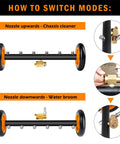 Diagram showing Undercarriage Pressure Washer Attachment With 16 Inch Dual Function Water Broom And 3 Piece Extension Wand in two modes, orange, with nozzles demonstrating chassis cleaner and water broom functions.