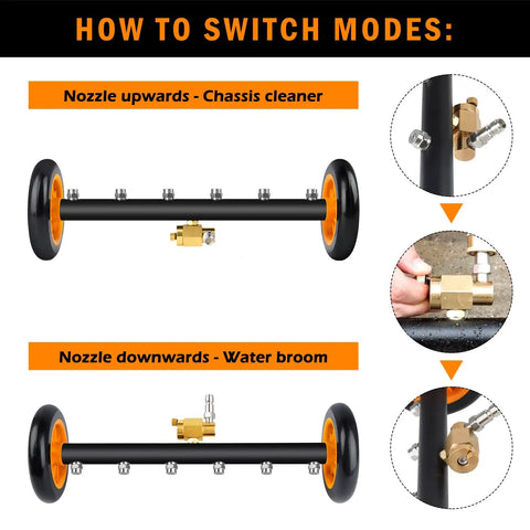 Diagram showing Undercarriage Pressure Washer Attachment With 16 Inch Dual Function Water Broom And 3 Piece Extension Wand in two modes, orange, with nozzles demonstrating chassis cleaner and water broom functions.