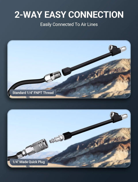 Extended Reach Dual Head Air Chuck Set 1 Quarter Inch FNPT with Quick Plug, showing 2-way easy connection to air lines.