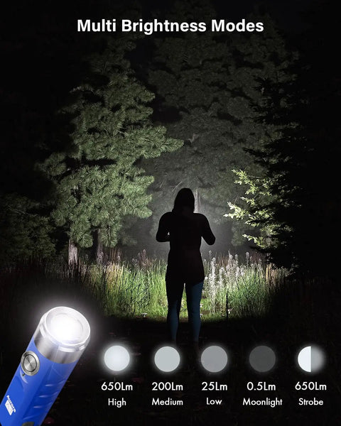 Multi brightness modes of Ultra Bright Mini USB C Rechargeable EDC Flashlight with Clip showcasing beam options in a forest.