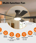 Two Pack 48 Inch Black Ceiling Fans With Lights And Remote Control, Reversible Blades, shown with features list