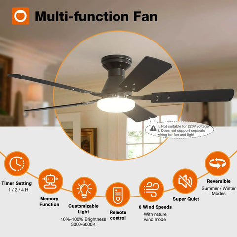 Two Pack 48 Inch Black Ceiling Fans With Lights And Remote Control, Reversible Blades, shown with features list