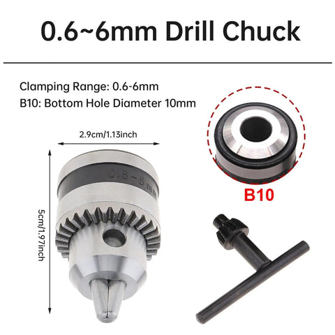 0.6-6mm drill chuck with B10 base for Mini Table Drill Kit With 12-24V DC Motor, 10000-20000 RPM, DIY Bench Drill