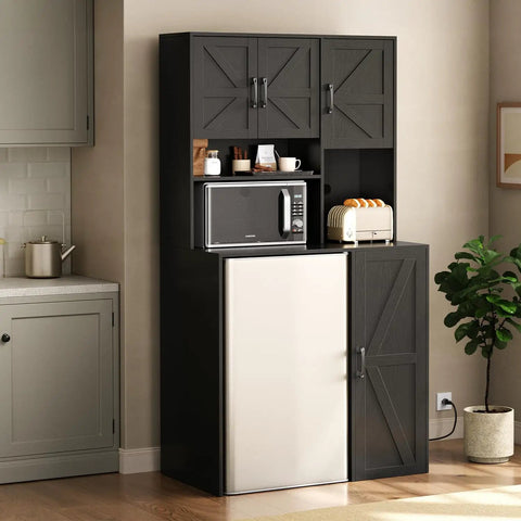 All In One Mini Fridge Cabinet With Storage And Coffee Bar Station, Outlets And Microwave Shelf, Wine And Beverage Stand For Kitchen Dorm Or Office, Black, Ultra Practical And User Friendly