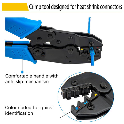 Side view of crimp tool for heat-shrink butt connectors with blue handles and color-coded size indicators.