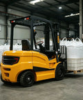 Top Tier Electric Stacker Forklift Heavy Duty Lift Truck in warehouse lifting pallets with cargo.