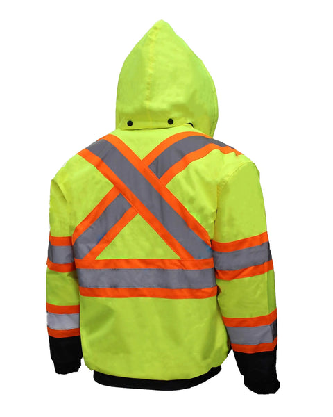 Back view of Hi Viz Workwear ANSI Class 3 Bomber Safety Jacket in Neon Lime 100 percent waterproof with reflective taping, XL size.
