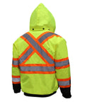 Back view of Hi Vis Bomber Workwear Jacket For Outdoorsmen, ANSI Class 3 High Visibility Neon Lime Waterproof With 2 Inch Reflective Taping.