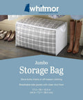 Zippered Jumbo Storage Bag With Clear Window Extra Large 34 Gallon Organizer next to shoes and boots on wooden floor