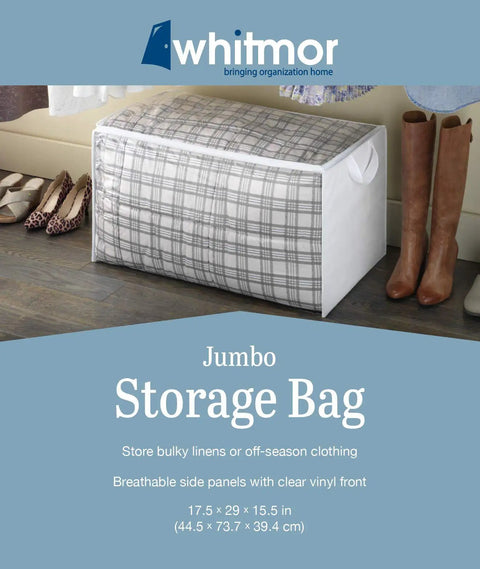 Zippered Jumbo Storage Bag With Clear Window Extra Large 34 Gallon Organizer next to shoes and boots on wooden floor