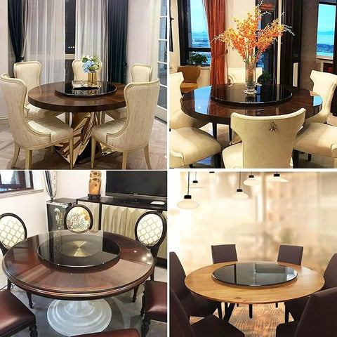 Heavy Duty 39 Inch Round Lazy Susan Turntable For Dining Table Top Hella Smooth Spin 10MM Tempered Safety Glass Kitchen Serving Centerpiece in various dining setups.