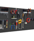 Wall Tool Panel Organizer With 22 Hooks And 3 Brackets, 900x400mm Anthracite, fully equipped with various hand tools in a workshop setup