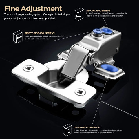 Soft Close Concealed Cabinet Hinges Set, 20 Pack Short Arm Half Inch Overlay, Brushed Nickel Finish, fine adjustment guide