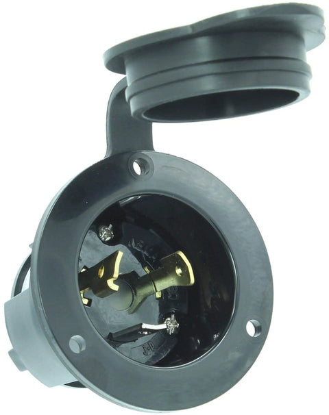Beefy Flanged NEMA L5-20 Inlet Plug With Locking Receptacle, 20A 125V Generator Connector, Industrial Black Nylon Body, Weatherproof Cover, 2500 Watts, 2-Pole 3-Wire Grounding, Heavy-Duty Power Socket