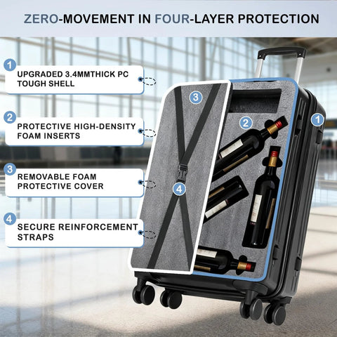 TSA-approved 12 bottle wine travel case with foam inserts and secure straps in open luggage displaying protective layers for safe air travel.
