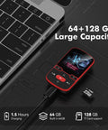 Red Clip-On Bluetooth 5.3 MP3 Player With 1.5 Inch Screen, connected to laptop via USB, supports 128GB TF Card