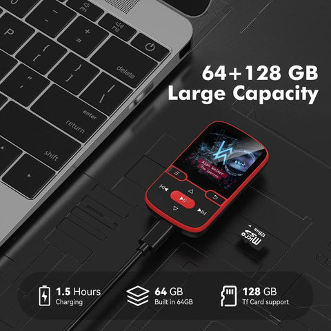 Red Clip-On Bluetooth 5.3 MP3 Player With 1.5 Inch Screen, connected to laptop via USB, supports 128GB TF Card