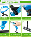 Instruction guide for Drip Irrigation Tubing Cutter And Hole Punch Tool 2 In 1 showing steps like pipe cutting and hole punching.