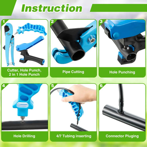 Instruction guide for Drip Irrigation Tubing Cutter And Hole Punch Tool 2 In 1 showing steps like pipe cutting and hole punching.