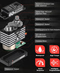 Illustration of the Waterproof 60Kg High Torque RC Servo with metal gears, featuring its components and specifications like 8.4V and coreless motor.