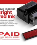 Dead Simple Self Inking Rubber Stamp For Quick Cash Check And Credit Transactions Bold Red Paid Mark With Roomy Memo Line Rapid Align Guide Smooth Office Setup showing a rubber stamp and bright red ink.