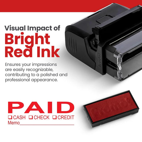 Dead Simple Self Inking Rubber Stamp For Quick Cash Check And Credit Transactions Bold Red Paid Mark With Roomy Memo Line Rapid Align Guide Smooth Office Setup showing a rubber stamp and bright red ink.