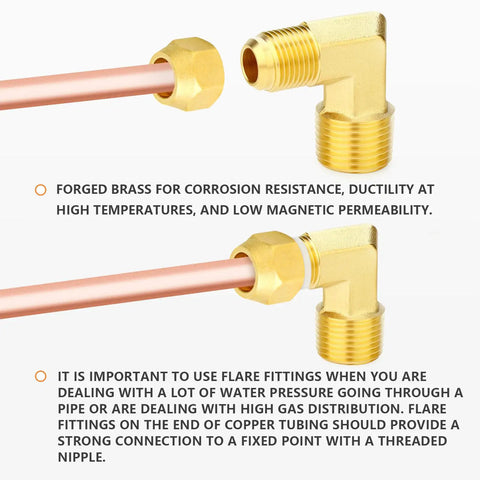Dope Brass Tube Fitting Elbow Adapter Three Eighths Inch Flare To One Half Inch NPT Male Two Pack Corrosion Resistant