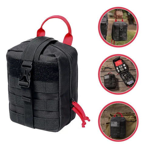 Multifunctional Camping Waist Pack Lightweight Black Utility Bag For Hiking Survival Gear with red handle and black straps