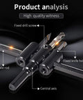 Heavy Duty Adjustable Circle Hole Cutter Saw Kit For Wood And Drywall Precision Dual Blade Drill Bit showing fixed knife holder and scale rod.