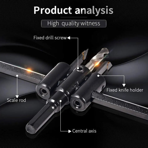Heavy Duty Adjustable Circle Hole Cutter Saw Kit For Wood And Drywall Precision Dual Blade Drill Bit showing fixed knife holder and scale rod.