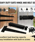 2 Piece Heavy Duty T Strap Hinge And Slide Smooth Barn Door Hardware Kit With Wide Sliding Latch For Courtyard Gates And Fences Matte Black Finish, showing hinges and bolt set.
