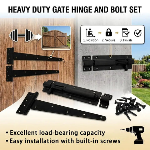 2 Piece Heavy Duty T Strap Hinge And Slide Smooth Barn Door Hardware Kit With Wide Sliding Latch For Courtyard Gates And Fences Matte Black Finish, showing hinges and bolt set.