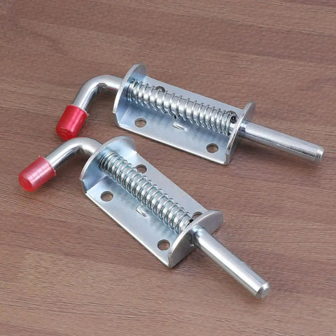 Premium Stainless Steel Spring Loaded Gate Latch And Bolt Hardware Set For Utility Dump Trailers Barn Doors Corrosion Resistant secure locking hardware with red end caps.