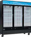 Heavy Duty Commercial Merchandiser Freezer Straight Up Store Workhorse With Three Glass Swing Doors And Fifty Two Cubic Feet Capacity To Keep Your Beverage Stock Crisp And Fresh, featuring three glass doors and epoxy shelves.