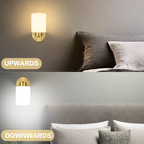 Frosted Wall Sconce Set Of Two In Brushed Gold Modern Sleek Brass Vanity Lights for Bedroom, shown illuminating up and downwards.