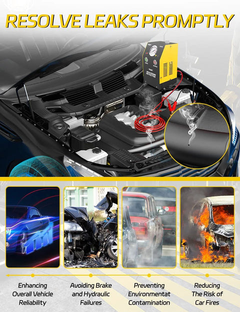 Installed Solary 12V EVAP automotive smoke tester in car engine bay with yellow unit and red hoses; close-up of smoke release.