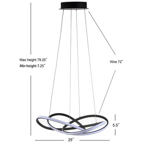 25 Inch Black Modern Abstract LED Pendant Light With Integrated Dimmable Function Metal Chandelier, dimensions shown