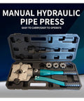 Manual Hydraulic Crimping Tool For Automotive A/C Pipe Assembly in case, easy to carry, includes crimping dies.