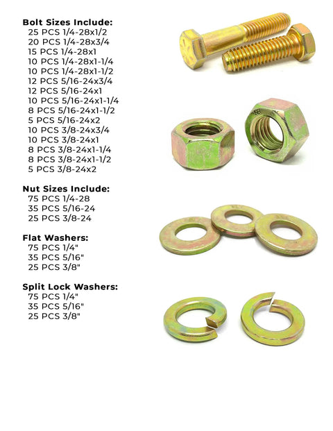 Heavy Duty Fine Thread Grade 8 Hex Bolts, Finished Hex Nuts, SAE Flat Washers And Split Lock Washers In A Metal All In One Assortment Kit