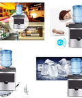 Rapid Chill Countertop Ice Cube Maker And Water Dispenser With Sleek Led Display, shown in various settings, with ice cubes.