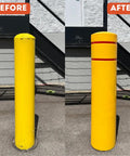 Before and after images of Rock Solid Four Inch X Fifty Two Inch Bollard Covers 4 Pack with vibrant yellow and red stripes.