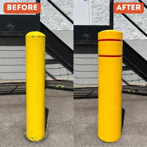 Heavy Duty 4 Pack Bollard Covers 7x52 Inch High Viz Reflective Tape For 6 5 8 Od Posts before and after installation comparison.