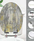 Quiet Close Resin Elongated Toilet Seat for Bathroom with gray and yellow design, grip-tight bumpers and stainless steel hinge.