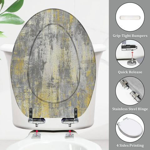Quiet Close Resin Elongated Toilet Seat for Bathroom with gray and yellow design, grip-tight bumpers and stainless steel hinge.